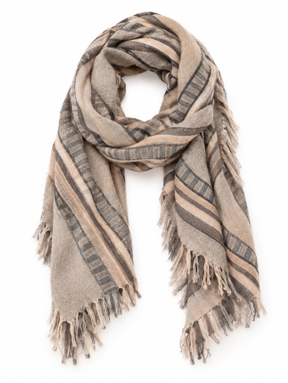 Aritzia Wilfred 100% Wool Striped Blanket Scarf - Taupe/ Grey/ Beige
